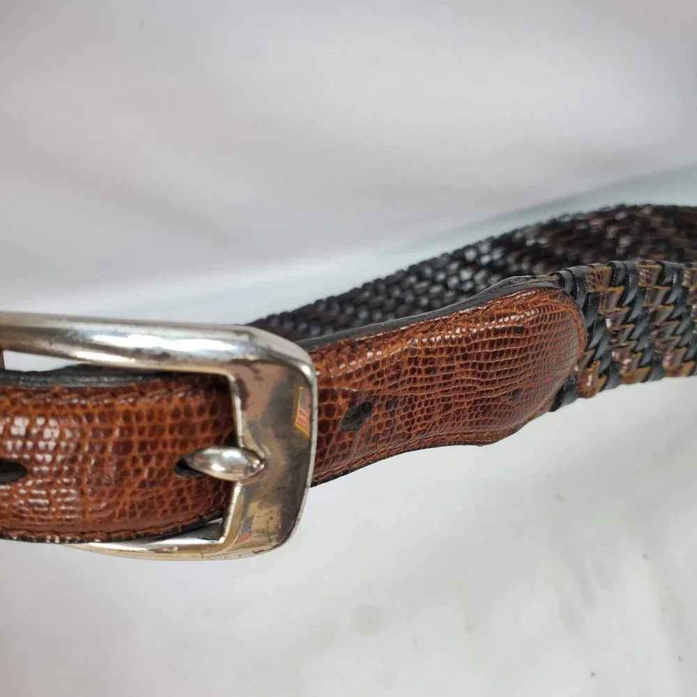 Brighton Woven Belt 36 Brown Black Lizard Embossed Leather P4100 Silver Buckle